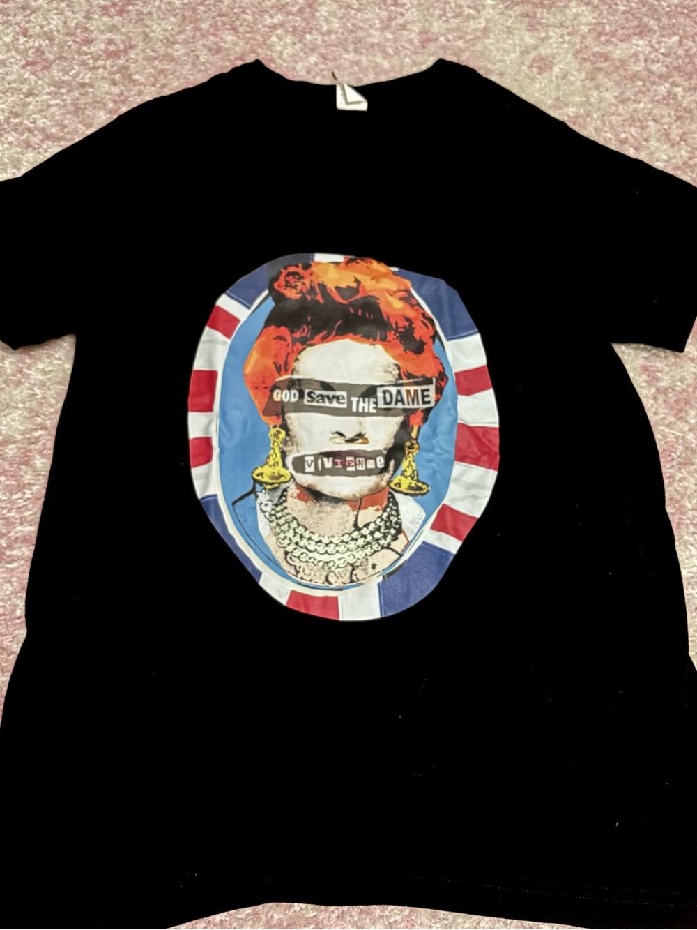 Black Graphic Tee with Union Jack Queen Motif